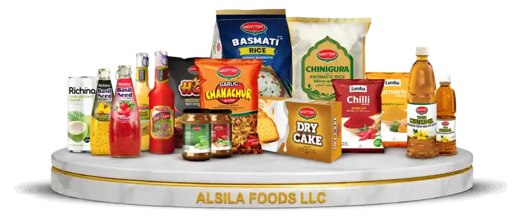 Alsila Foods LLC FMCG product range on a podium