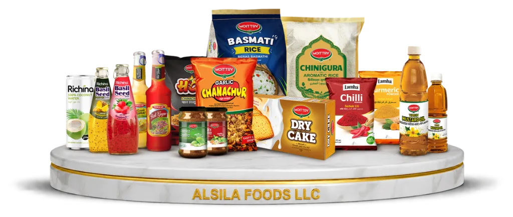 Alsila Foods LLC FMCG product range on a podium